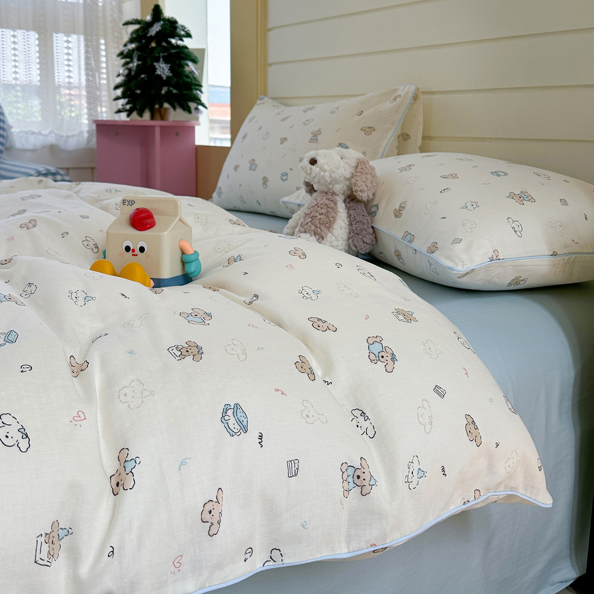 91家纺网 家纺一手货源 找家纺 麦伦家居 2025新品嵌绳款全棉双层纱四件套 嵌绳款-汪汪队