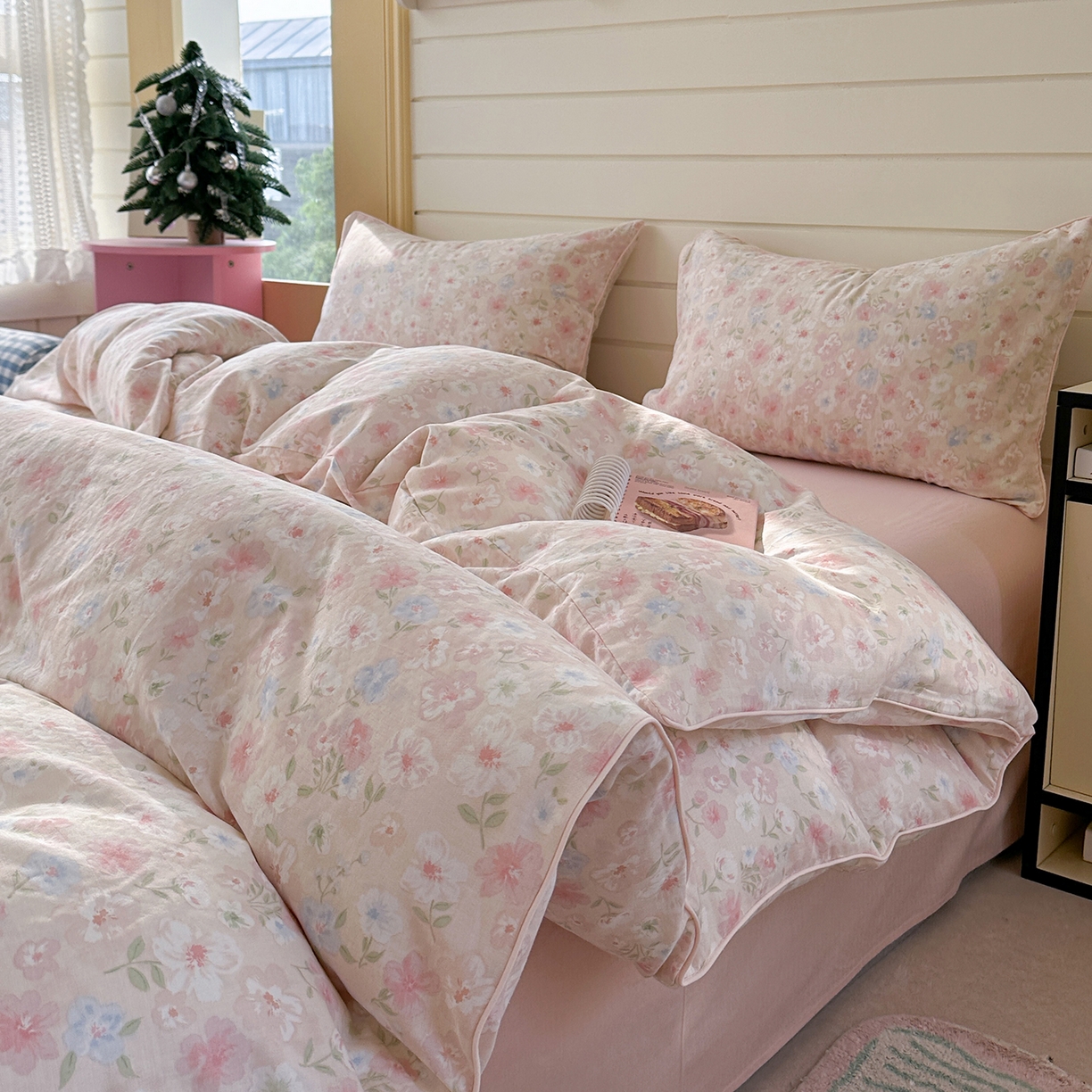 91家纺网 家纺一手货源 找家纺 麦伦家居 2025新品嵌绳款全棉双层纱四件套 嵌绳款-清桃粉