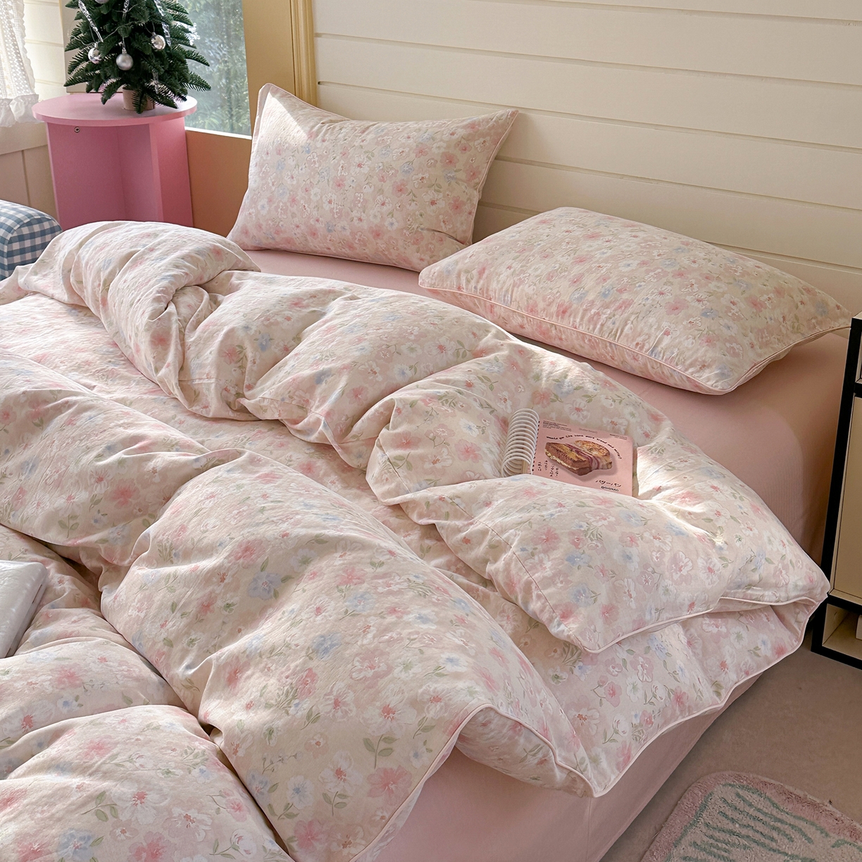 91家纺网 家纺一手货源 找家纺 麦伦家居 2025新品嵌绳款全棉双层纱四件套 嵌绳款-清桃粉