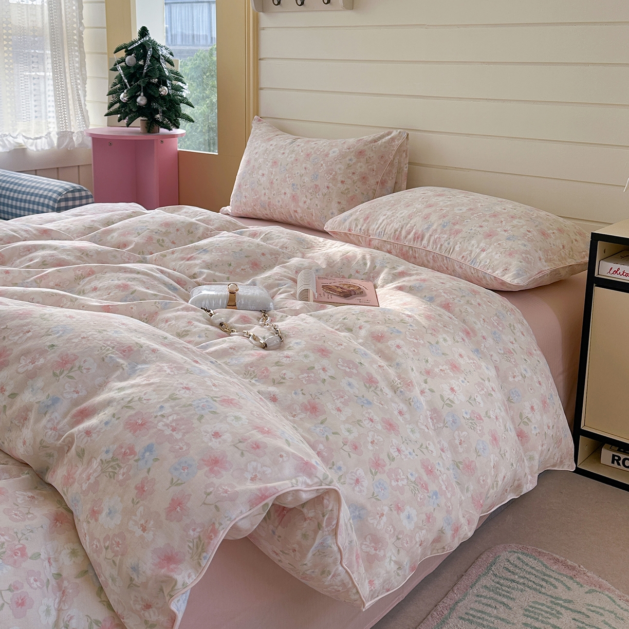 91家纺网 家纺一手货源 找家纺 麦伦家居 2025新品嵌绳款全棉双层纱四件套 嵌绳款-清桃粉