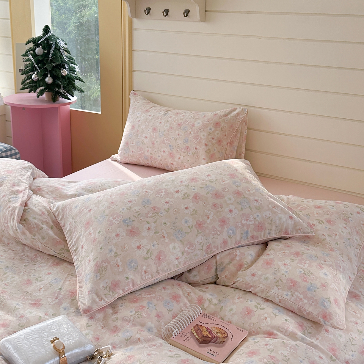 91家纺网 家纺一手货源 找家纺 麦伦家居 2025新品嵌绳款全棉双层纱四件套 嵌绳款-清桃粉