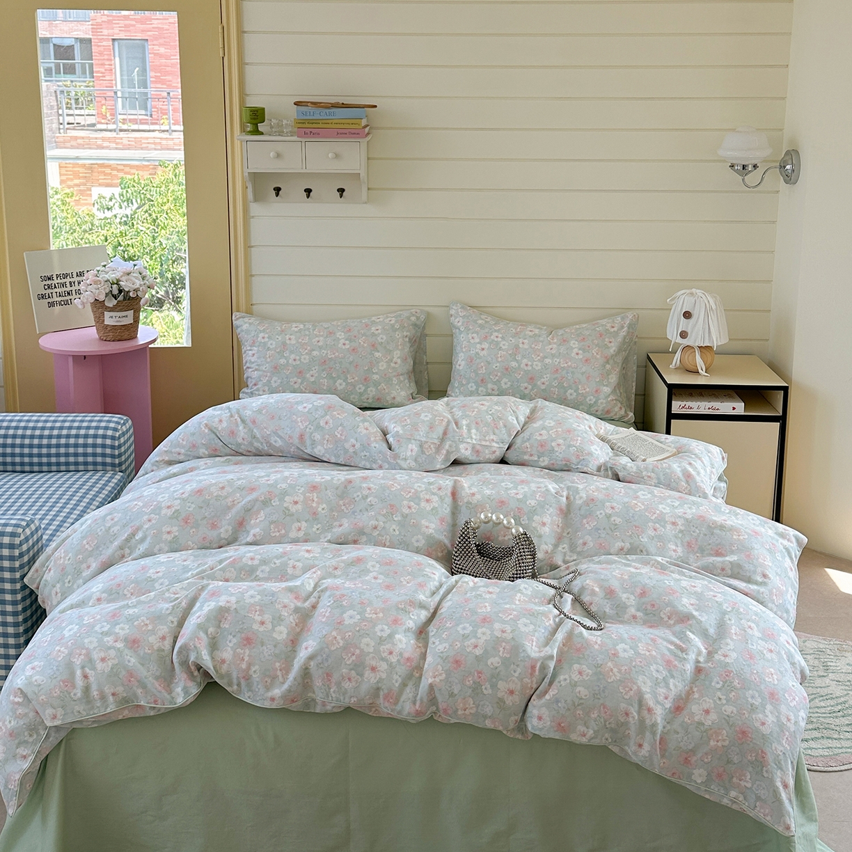 麦伦家居 2025新品嵌绳款全棉双层纱四件套 嵌绳款-清桃绿