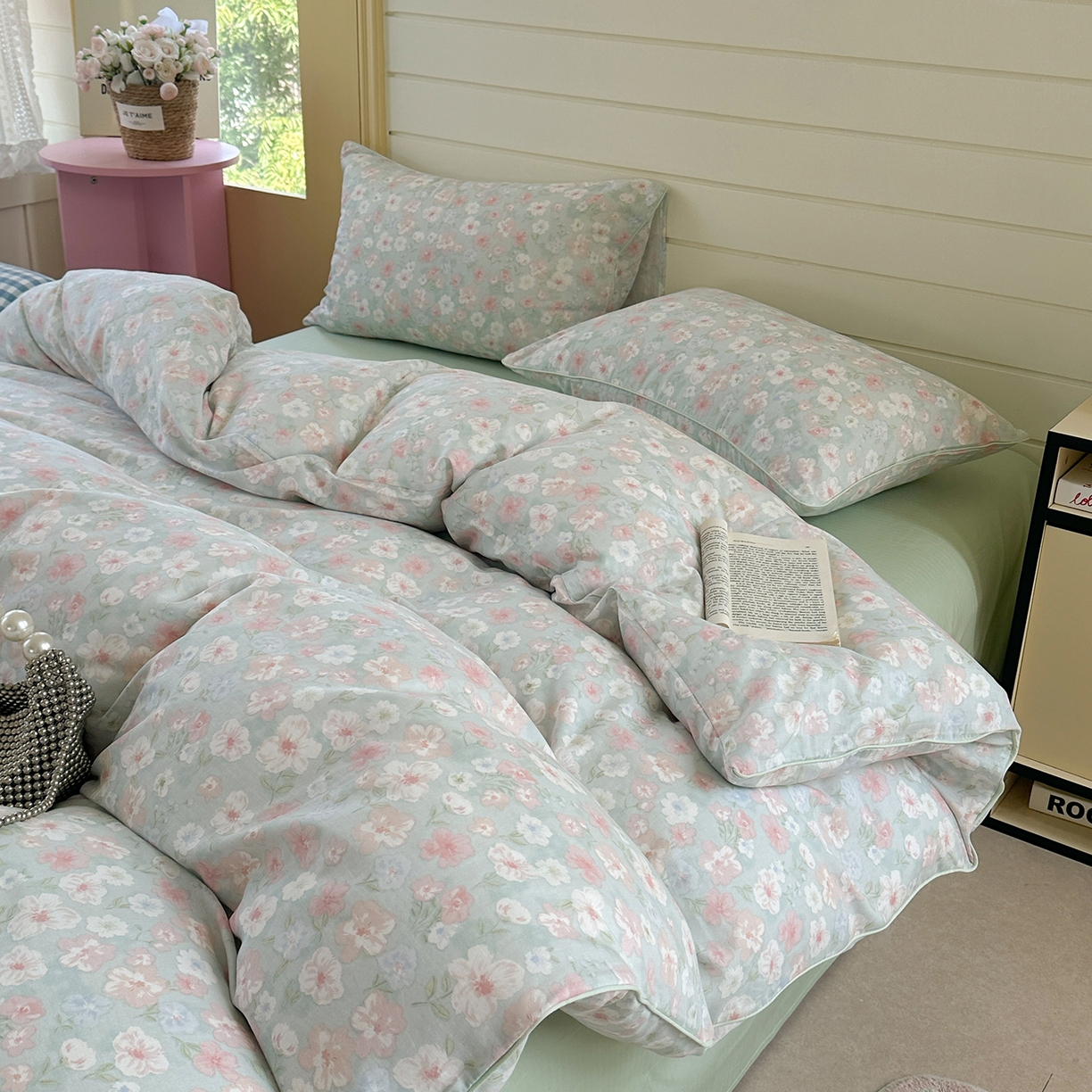 91家纺网 家纺一手货源 找家纺 麦伦家居 2025新品嵌绳款全棉双层纱四件套 嵌绳款-清桃绿