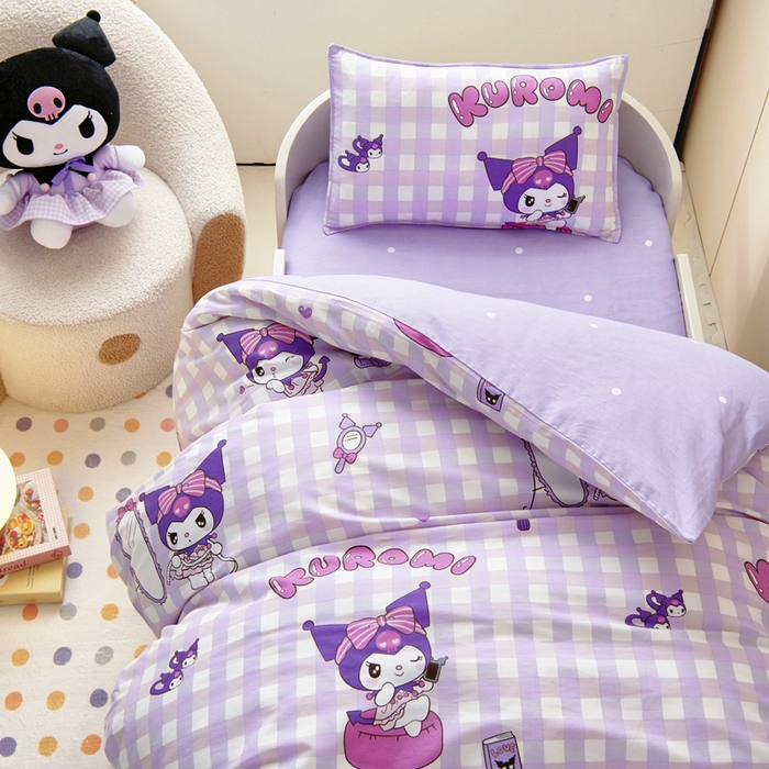 91家纺网 家纺一手货源 找家纺 吉咪兔 2025新款正版三丽鸥库洛米美乐蒂幼儿园被子三件套纯棉被褥六件套午睡格子库洛米