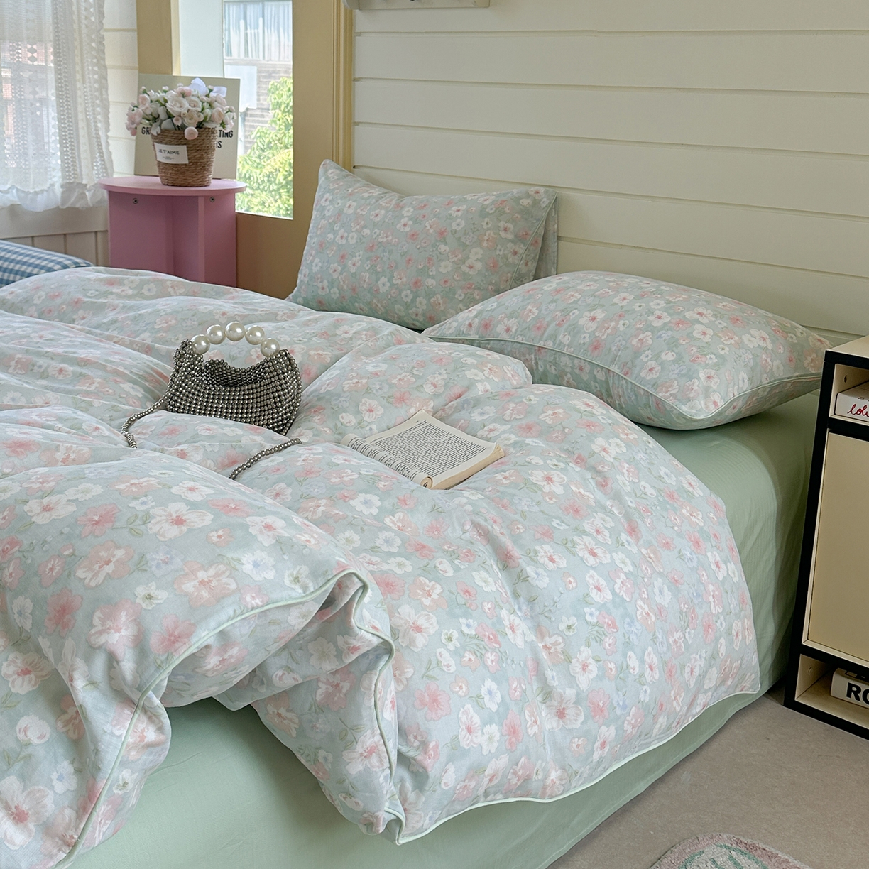 91家纺网 家纺一手货源 找家纺 麦伦家居 2025新品嵌绳款全棉双层纱四件套 嵌绳款-清桃绿