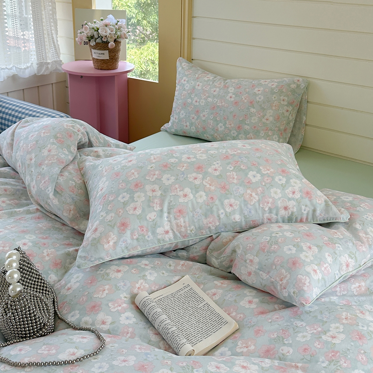 91家纺网 家纺一手货源 找家纺 麦伦家居 2025新品嵌绳款全棉双层纱四件套 嵌绳款-清桃绿