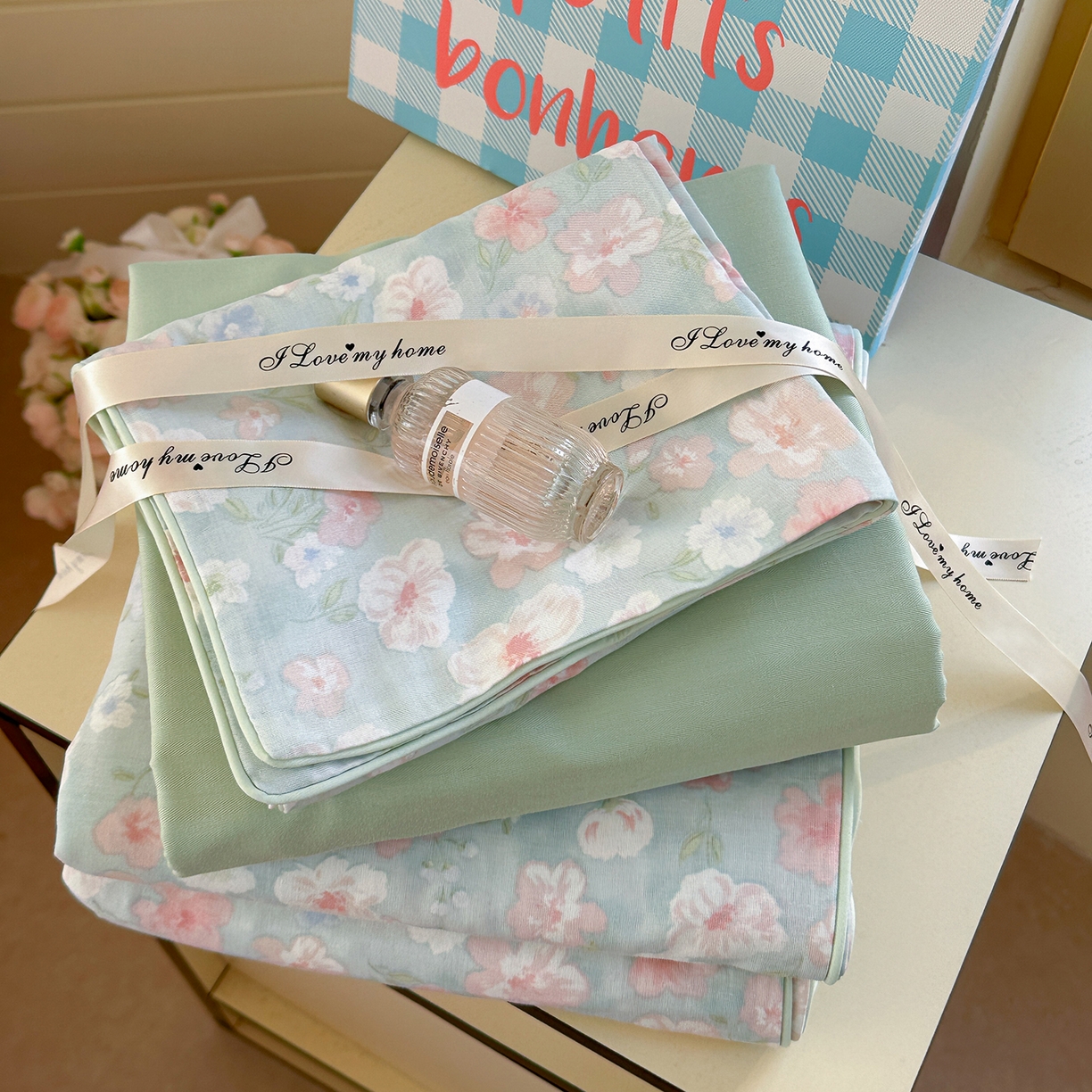 91家纺网 家纺一手货源 找家纺 麦伦家居 2025新品嵌绳款全棉双层纱四件套 嵌绳款-清桃绿