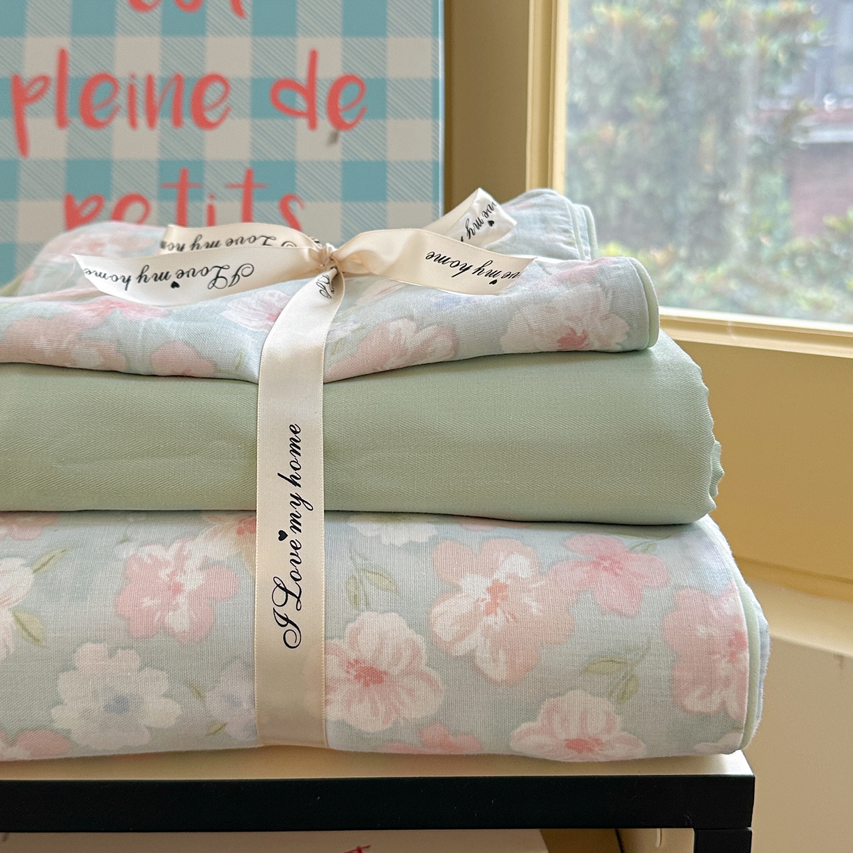 91家纺网 家纺一手货源 找家纺 麦伦家居 2025新品嵌绳款全棉双层纱四件套 嵌绳款-清桃绿