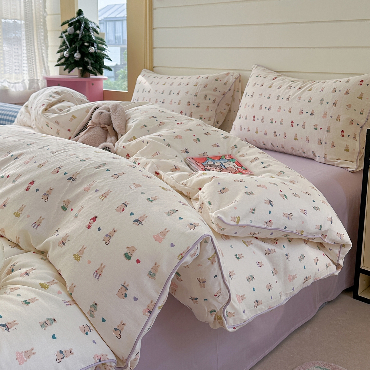 91家纺网 家纺一手货源 找家纺 麦伦家居 2025新品嵌绳款全棉双层纱四件套 嵌绳款-兔宝宝