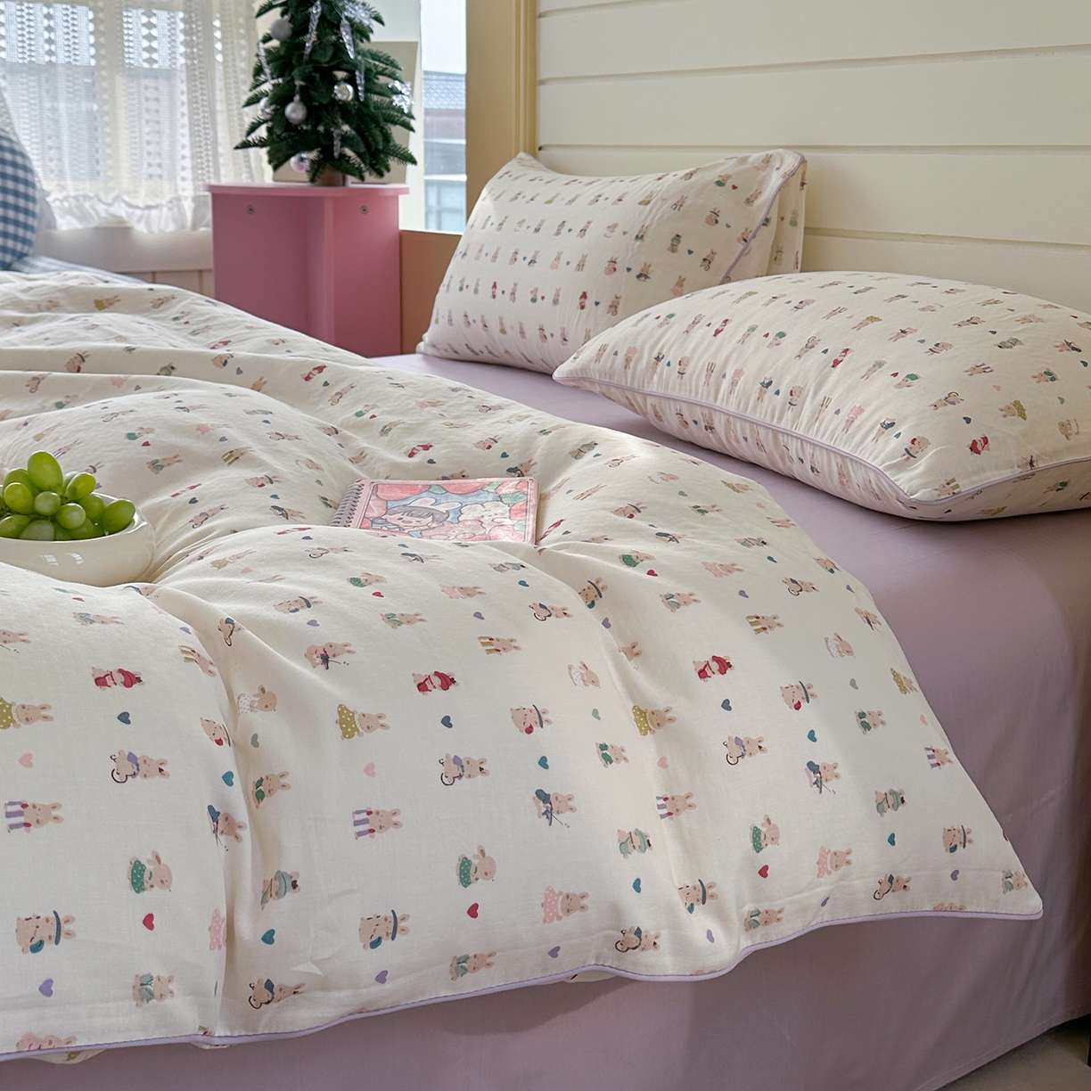 91家纺网 家纺一手货源 找家纺 麦伦家居 2025新品嵌绳款全棉双层纱四件套 嵌绳款-兔宝宝