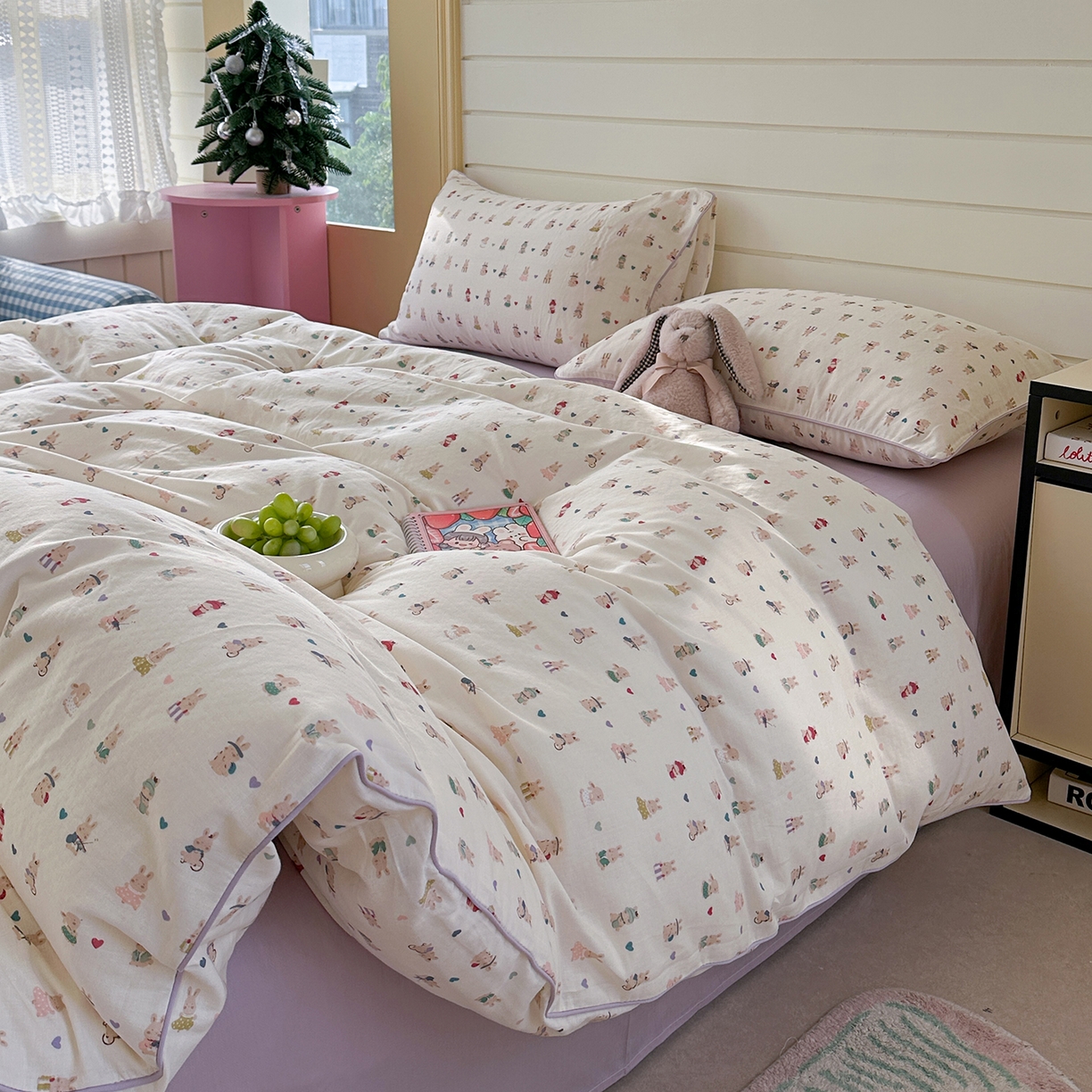 91家纺网 家纺一手货源 找家纺 麦伦家居 2025新品嵌绳款全棉双层纱四件套 嵌绳款-兔宝宝