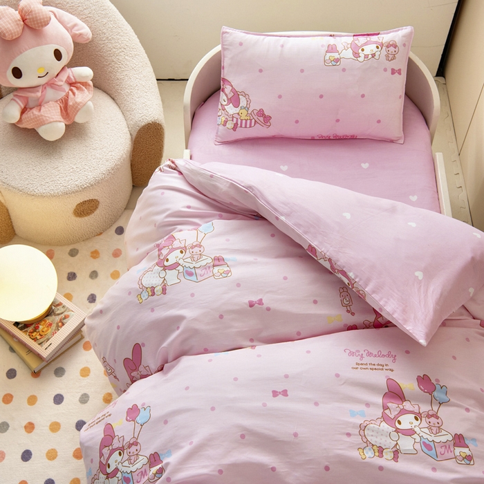 91家纺网 家纺一手货源 找家纺 吉咪兔 2025新款正版三丽鸥库洛米美乐蒂幼儿园被子三件套纯棉被褥六件套午睡童趣美乐蒂