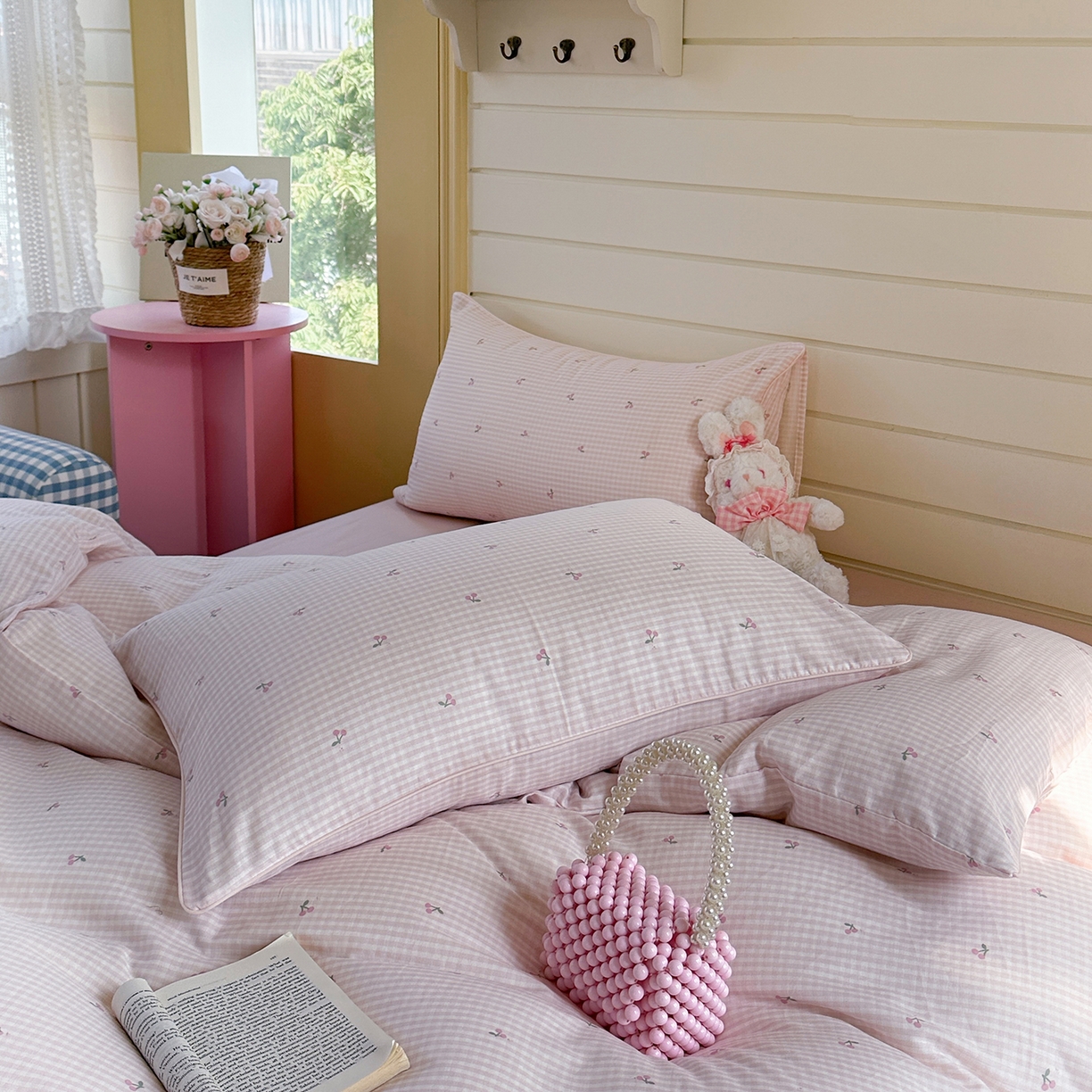 91家纺网 家纺一手货源 找家纺 麦伦家居 2025新品嵌绳款全棉双层纱四件套 嵌绳款-樱桃酱粉