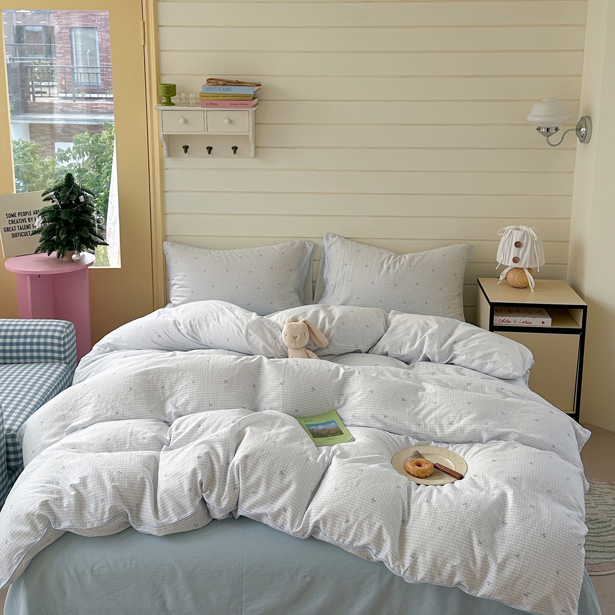 麦伦家居 2025新品嵌绳款全棉双层纱四件套 嵌绳款-樱桃酱蓝