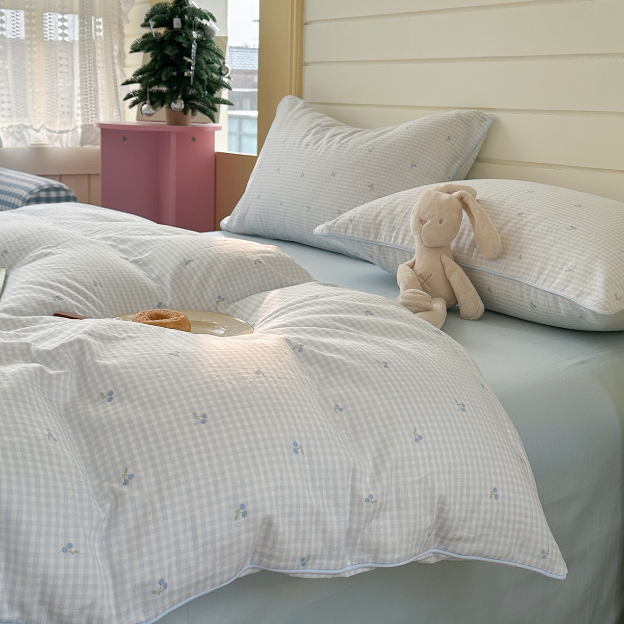 91家纺网 家纺一手货源 找家纺 麦伦家居 2025新品嵌绳款全棉双层纱四件套 嵌绳款-樱桃酱蓝