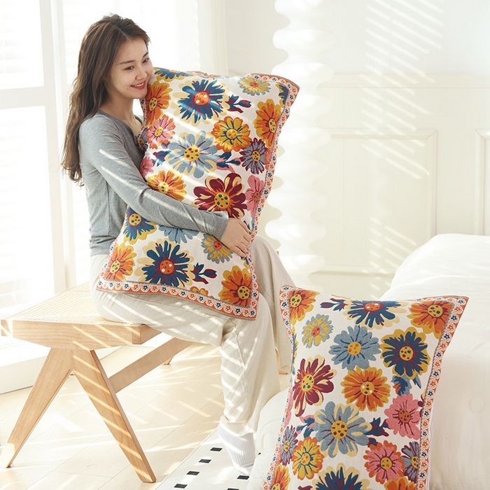 91家纺网 家纺一手货源 找家纺 朴尔家纺-毛巾被2025新款彩棉国潮风全棉六层纱布枕巾 繁花朵朵-枕巾