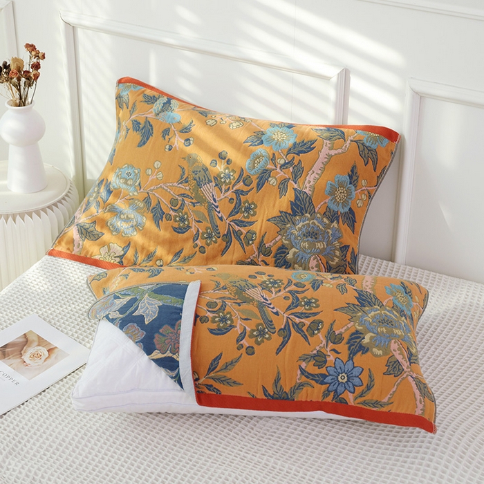 91家纺网 家纺一手货源 找家纺 朴尔家纺-毛巾被2025新款彩棉国潮风全棉六层纱布枕巾 花间物语-橘枕巾