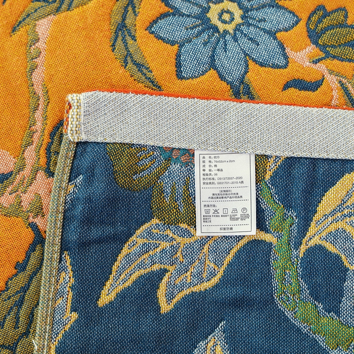 91家纺网 家纺一手货源 找家纺 朴尔家纺-毛巾被2025新款彩棉国潮风全棉六层纱布枕巾 花间物语-橘枕巾