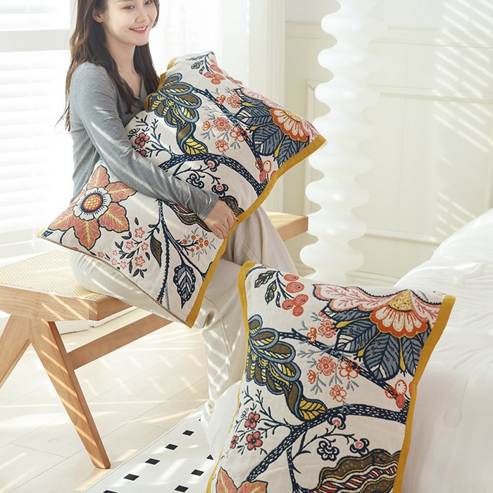 91家纺网 家纺一手货源 找家纺 朴尔家纺-毛巾被2025新款彩棉国潮风全棉六层纱布枕巾 花田印象-枕巾