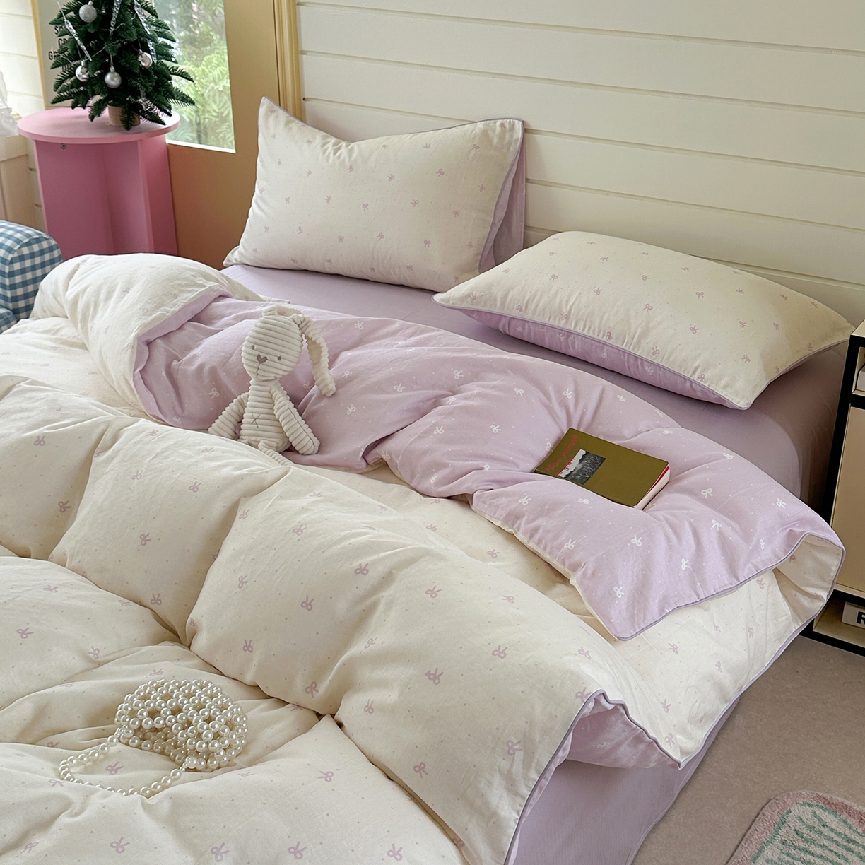 91家纺网 家纺一手货源 找家纺 麦伦家居 2025新品嵌绳款全棉双层纱四件套 嵌绳款千千结-紫