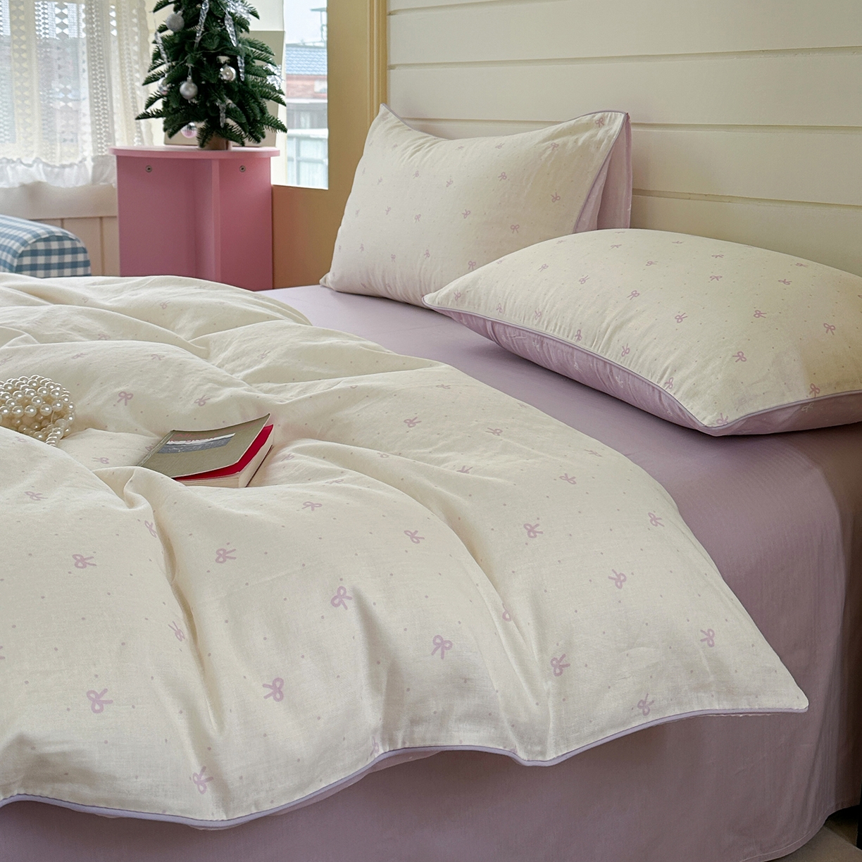 91家纺网 家纺一手货源 找家纺 麦伦家居 2025新品嵌绳款全棉双层纱四件套 嵌绳款千千结-紫