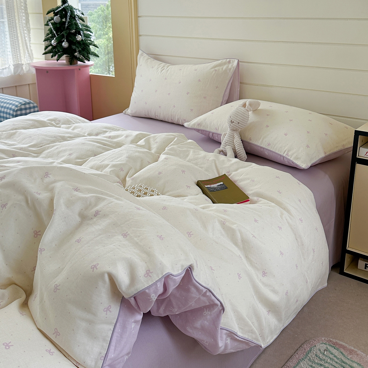 91家纺网 家纺一手货源 找家纺 麦伦家居 2025新品嵌绳款全棉双层纱四件套 嵌绳款千千结-紫