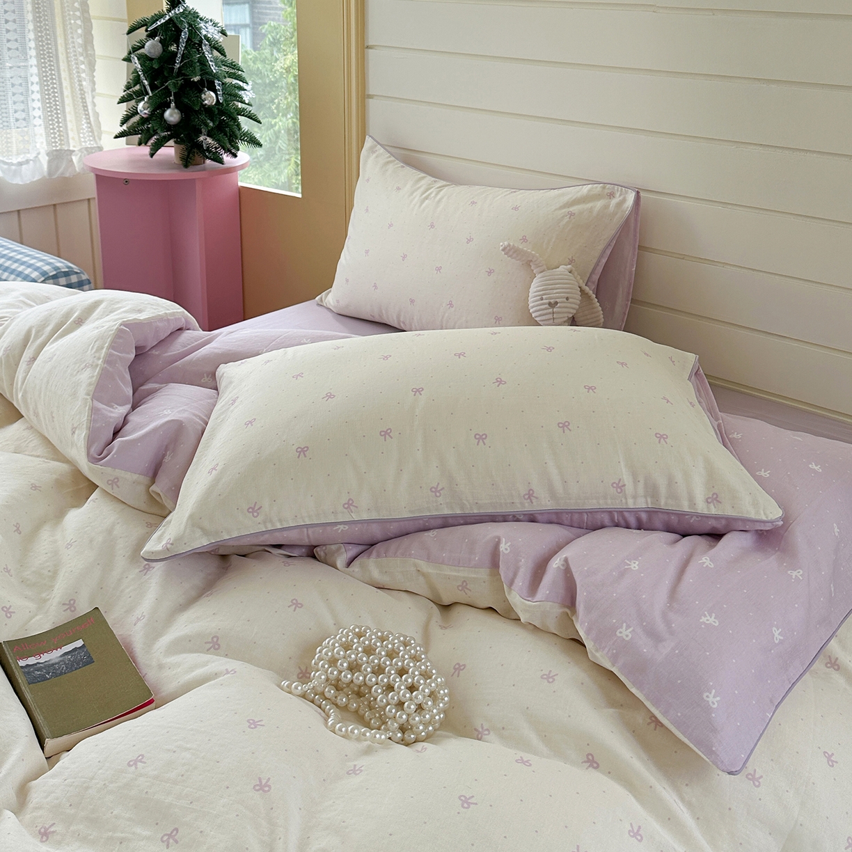 91家纺网 家纺一手货源 找家纺 麦伦家居 2025新品嵌绳款全棉双层纱四件套 嵌绳款千千结-紫