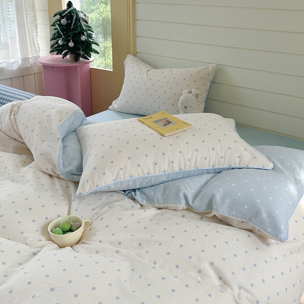 91家纺网 家纺一手货源 找家纺 麦伦家居 2025新品嵌绳款全棉双层纱四件套 苏打奶泡-米