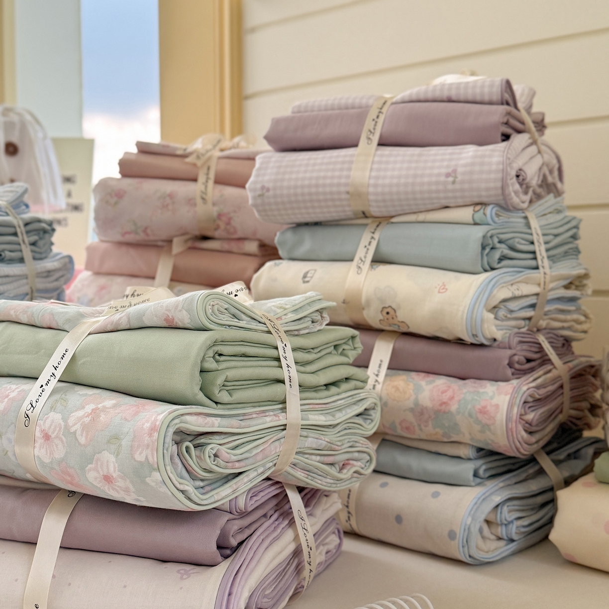 91家纺网 家纺一手货源 找家纺 麦伦家居 2025新品嵌绳款全棉双层纱四件套 组合图