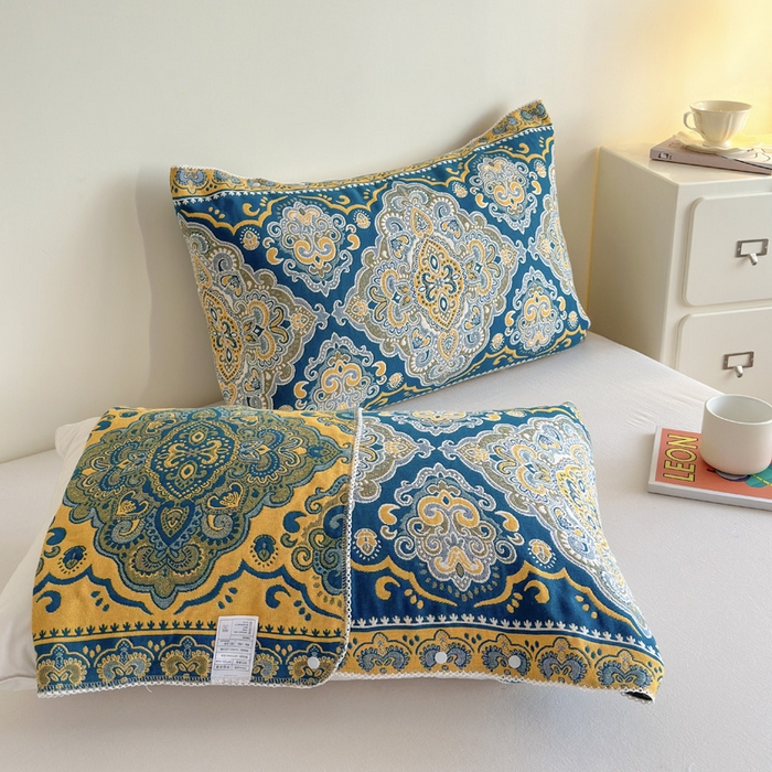 91家纺网 家纺一手货源 找家纺 朴尔家纺-毛巾被2025新款半包可调节暗扣魔术全棉三层纱布枕巾 大马士革纹-蓝黄