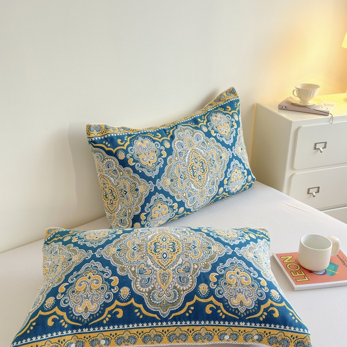 91家纺网 家纺一手货源 找家纺 朴尔家纺-毛巾被2025新款半包可调节暗扣魔术全棉三层纱布枕巾 大马士革纹-蓝黄