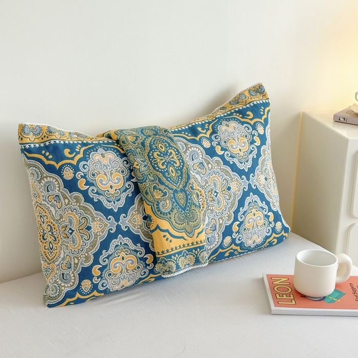 91家纺网 家纺一手货源 找家纺 朴尔家纺-毛巾被2025新款半包可调节暗扣魔术全棉三层纱布枕巾 大马士革纹-蓝黄