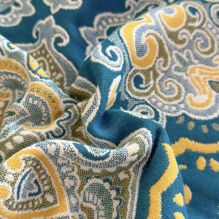 91家纺网 家纺一手货源 找家纺 朴尔家纺-毛巾被2025新款半包可调节暗扣魔术全棉三层纱布枕巾 大马士革纹-蓝黄