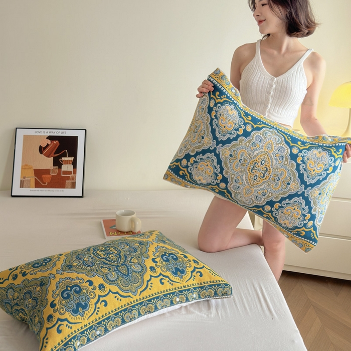 91家纺网 家纺一手货源 找家纺 朴尔家纺-毛巾被2025新款半包可调节暗扣魔术全棉三层纱布枕巾 大马士革纹-蓝黄