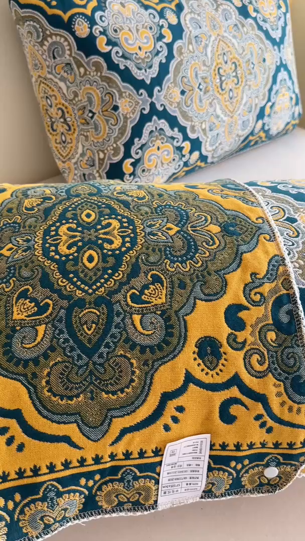 91家纺网 家纺一手货源 找家纺 朴尔家纺-毛巾被2025新款半包可调节暗扣魔术全棉三层纱布枕巾 大马士革纹-蓝黄