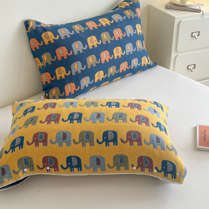 91家纺网 家纺一手货源 找家纺 朴尔家纺-毛巾被2025新款半包可调节暗扣魔术全棉三层纱布枕巾 多彩小象-蓝黄