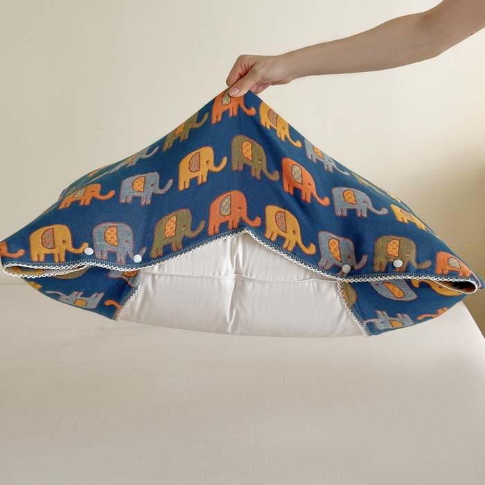 91家纺网 家纺一手货源 找家纺 朴尔家纺-毛巾被2025新款半包可调节暗扣魔术全棉三层纱布枕巾 多彩小象-蓝黄