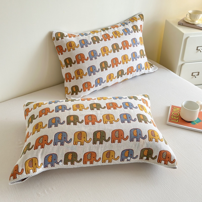 91家纺网 家纺一手货源 找家纺 朴尔家纺-毛巾被2025新款半包可调节暗扣魔术全棉三层纱布枕巾 多彩小象-米白