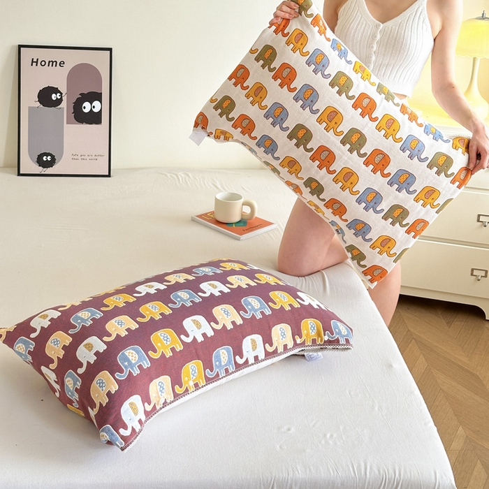 91家纺网 家纺一手货源 找家纺 朴尔家纺-毛巾被2025新款半包可调节暗扣魔术全棉三层纱布枕巾 多彩小象-米白