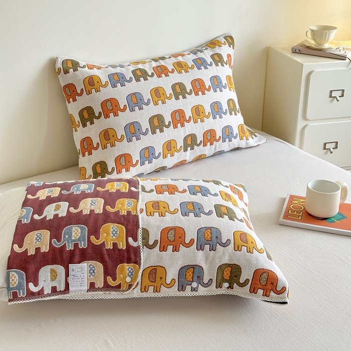 91家纺网 家纺一手货源 找家纺 朴尔家纺-毛巾被2025新款半包可调节暗扣魔术全棉三层纱布枕巾 多彩小象-米白