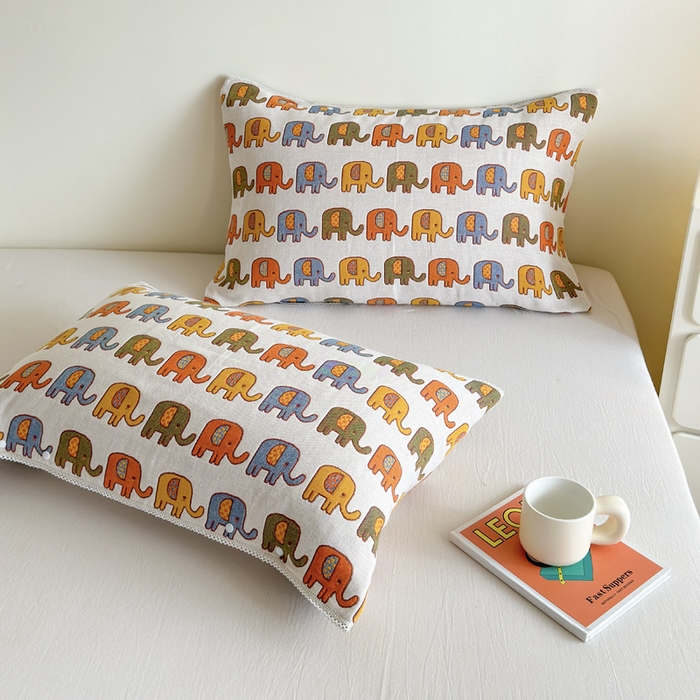 91家纺网 家纺一手货源 找家纺 朴尔家纺-毛巾被2025新款半包可调节暗扣魔术全棉三层纱布枕巾 多彩小象-米白