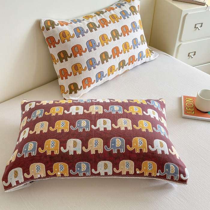 91家纺网 家纺一手货源 找家纺 朴尔家纺-毛巾被2025新款半包可调节暗扣魔术全棉三层纱布枕巾 多彩小象-米白