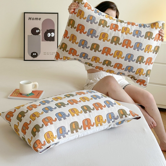 91家纺网 家纺一手货源 找家纺 朴尔家纺-毛巾被2025新款半包可调节暗扣魔术全棉三层纱布枕巾 多彩小象-米白