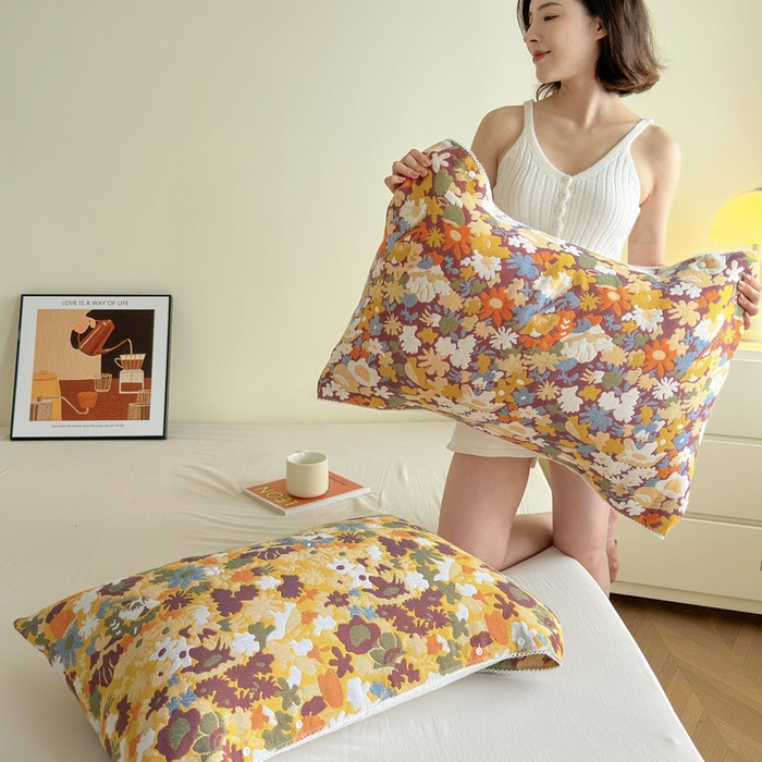 91家纺网 家纺一手货源 找家纺 朴尔家纺-毛巾被2025新款半包可调节暗扣魔术全棉三层纱布枕巾 繁花曼舞