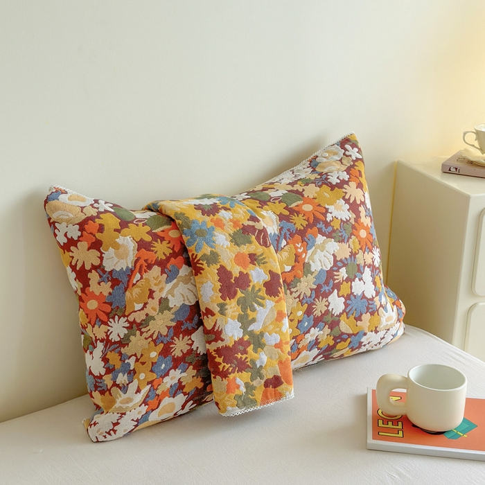 91家纺网 家纺一手货源 找家纺 朴尔家纺-毛巾被2025新款半包可调节暗扣魔术全棉三层纱布枕巾 繁花曼舞