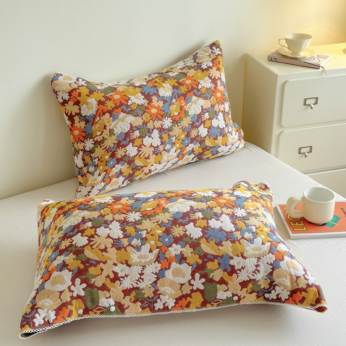 91家纺网 家纺一手货源 找家纺 朴尔家纺-毛巾被2025新款半包可调节暗扣魔术全棉三层纱布枕巾 繁花曼舞