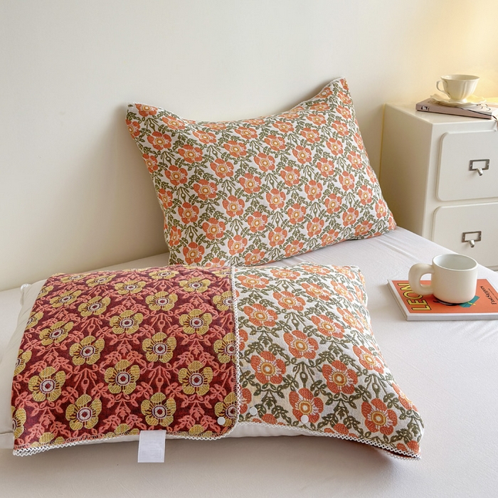 91家纺网 家纺一手货源 找家纺 朴尔家纺-毛巾被2025新款半包可调节暗扣魔术全棉三层纱布枕巾 连枝花卉