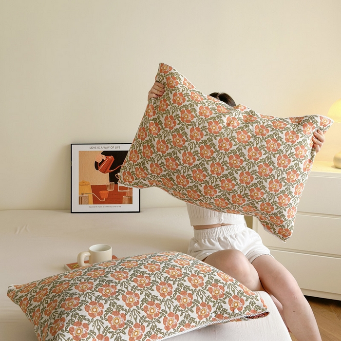 91家纺网 家纺一手货源 找家纺 朴尔家纺-毛巾被2025新款半包可调节暗扣魔术全棉三层纱布枕巾 连枝花卉