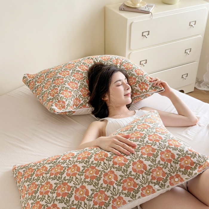 91家纺网 家纺一手货源 找家纺 朴尔家纺-毛巾被2025新款半包可调节暗扣魔术全棉三层纱布枕巾 连枝花卉