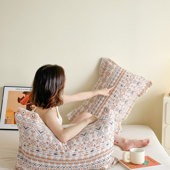 91家纺网 家纺一手货源 找家纺 朴尔家纺-毛巾被2025新款半包可调节暗扣魔术全棉三层纱布枕巾 玛雅岩纹-蓝白